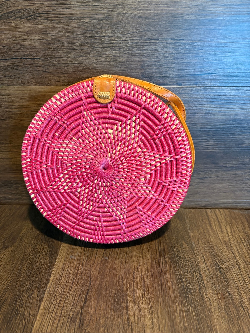 Street Level Pink Round Woven Crossbody with Tan Strap